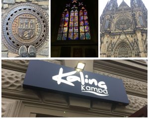 תמונת קולאז של ארבע תמונות התחתונה שלט של מסעדה בשם קלינה. עליונה ימנית-קתדרלת ויטוס הקדוש, אמצעית חלון ויטראז בקתדרלה, שמאלית מכסה ביוב ועליו סמל מצודת פראגץ